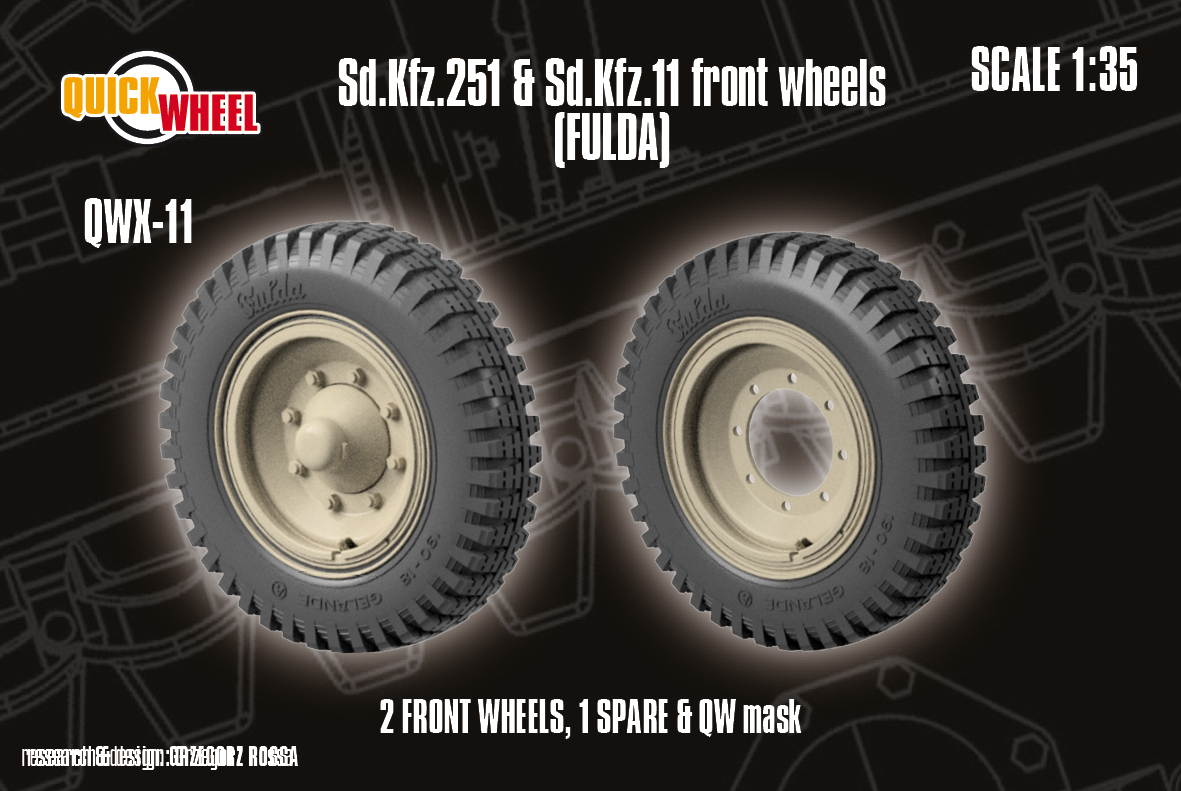 1/35 QuickWheel QWX-011 Front Wheels & Spare for Sd.Kfz. 11 & Sd.Kfz. 251 off-road road tread (Fulda)