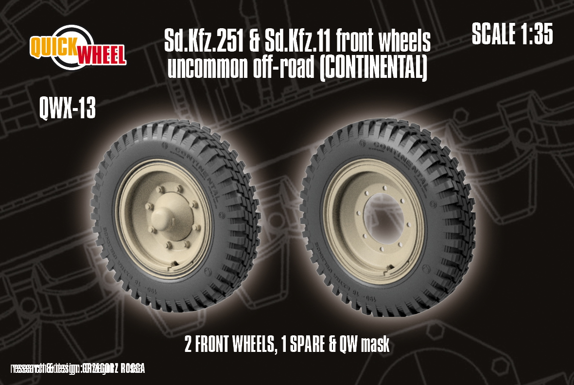 1/35 QuickWheel QWX-013 Front Wheels & Spare for Sd.Kfz. 11 & Sd.Kfz. 251 uncommon off-road tread (Continental)
