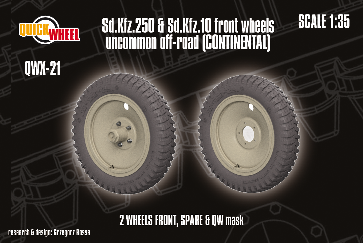 1/35 QuickWheel QWX-021 Sd.Kfz. 10 & Sd.Kfz. 250 front wheels & spare - uncommon off-road tread