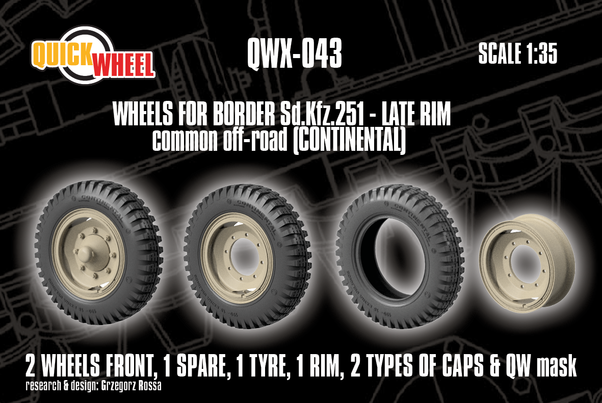 1/35 QuickWheel QWX-043 Front Wheels (Late rim) for Sd.Kfz. 251 off-road road tread (Continental) for Border