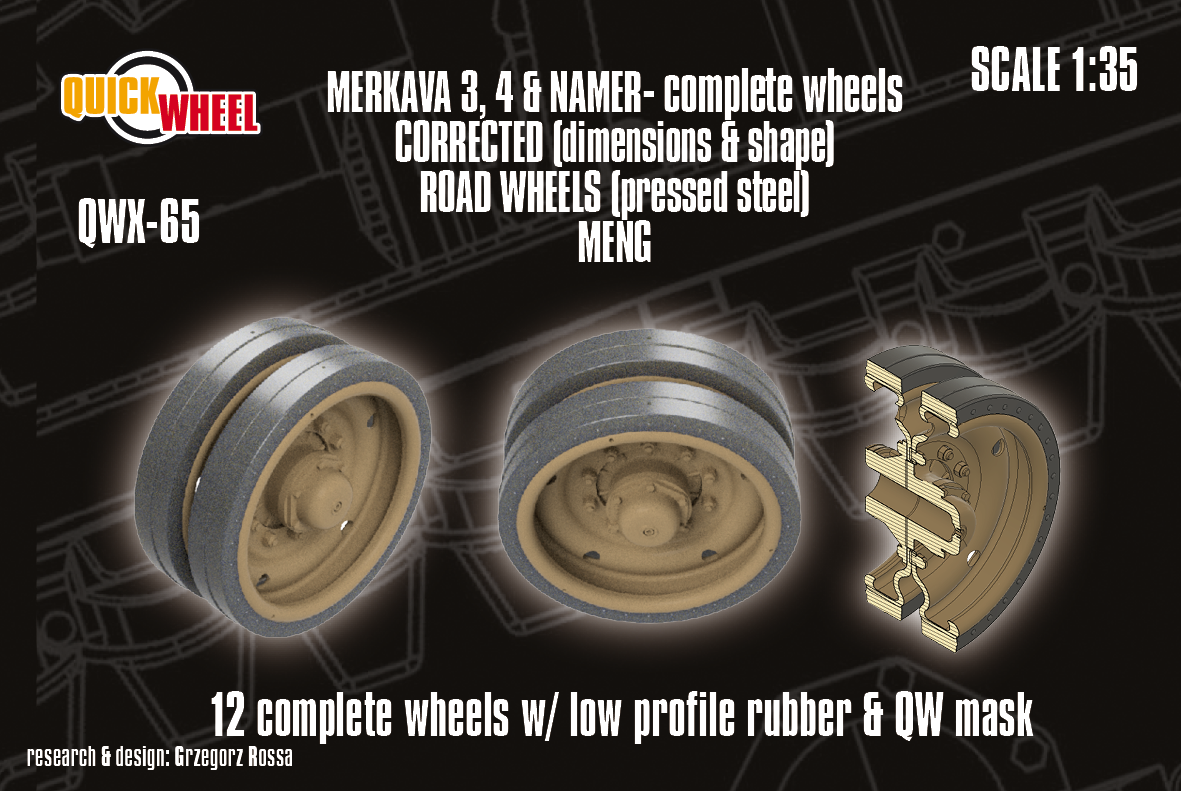 1/35 QuickWheel QWX-065 Merkava 3; 4; Namer road wheels (pressed steel type; low profile rubber) – MENG