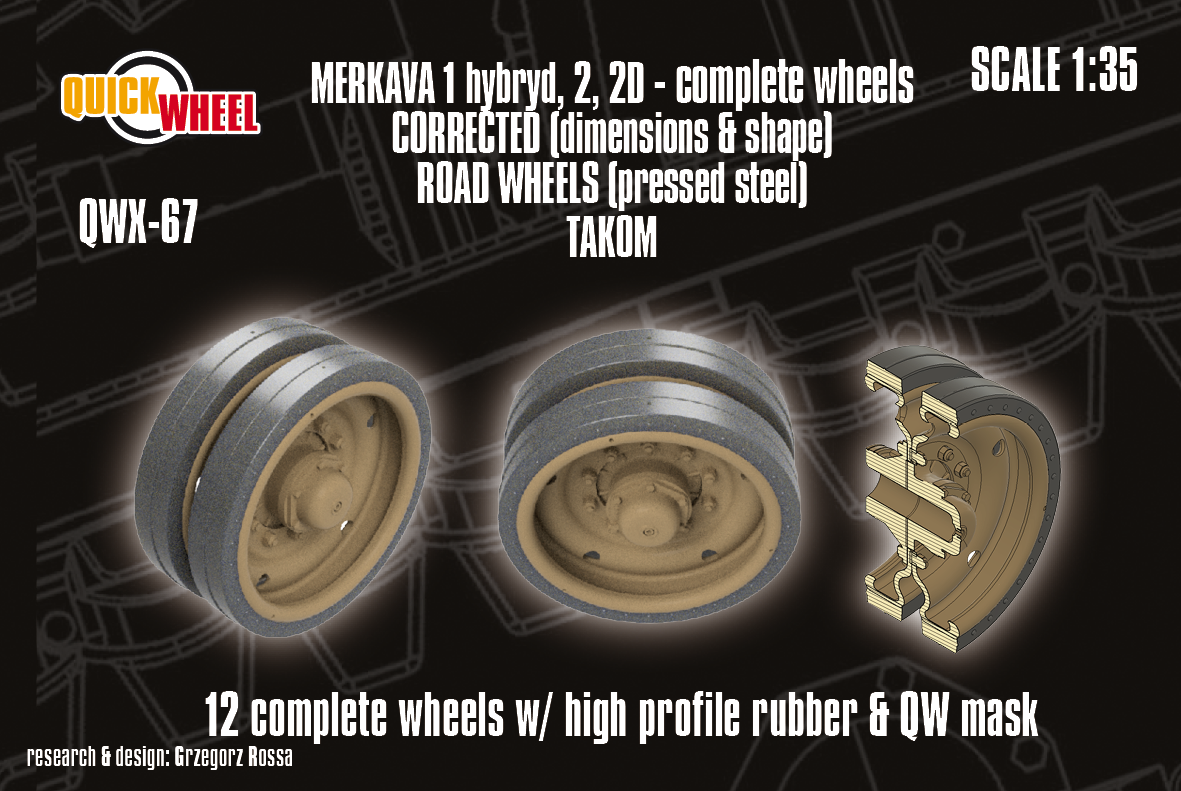 1/35 QuickWheel QWX-067 Merkava 1 Hybrid; Merkava 2 / 2D wheels (pressed steel type; high profile rubber) – TAKOM