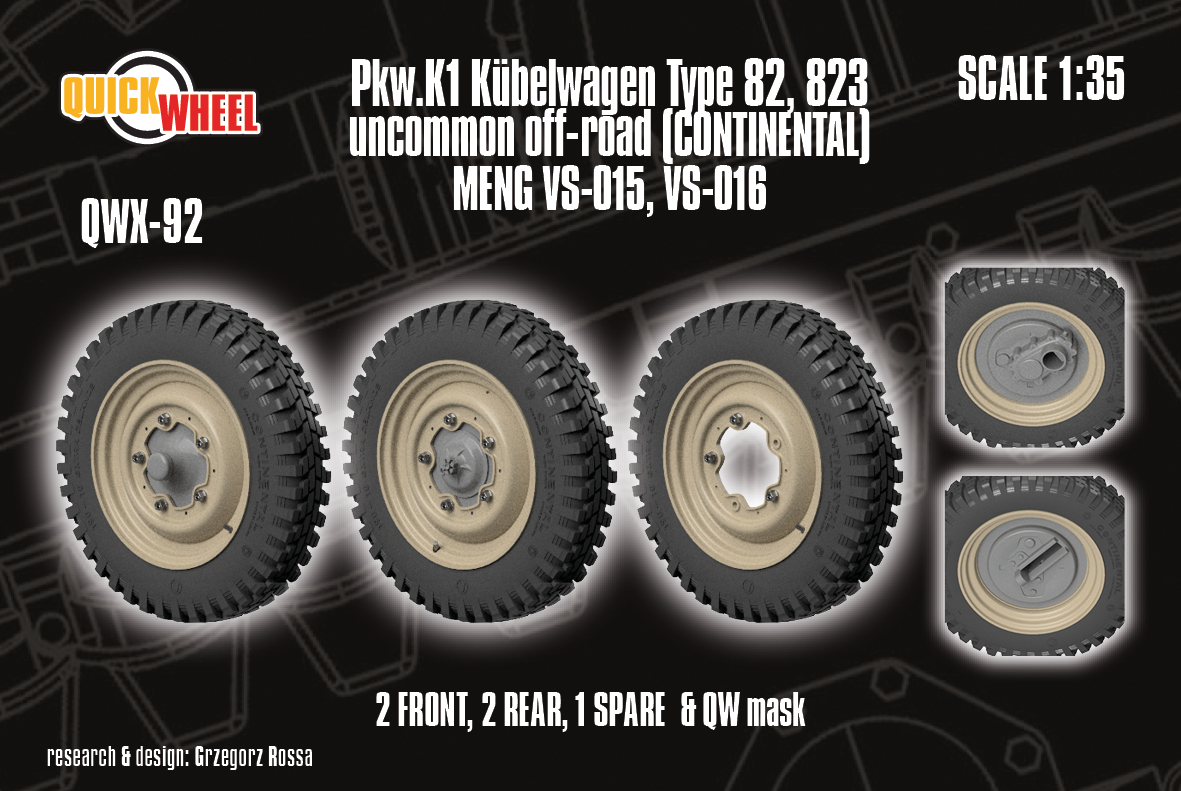 1/35 QuickWheel QWX-092 Pkw.K1 Kübelwagen Type 82, 823 Wheels - uncommon off-road tread (for MENG)