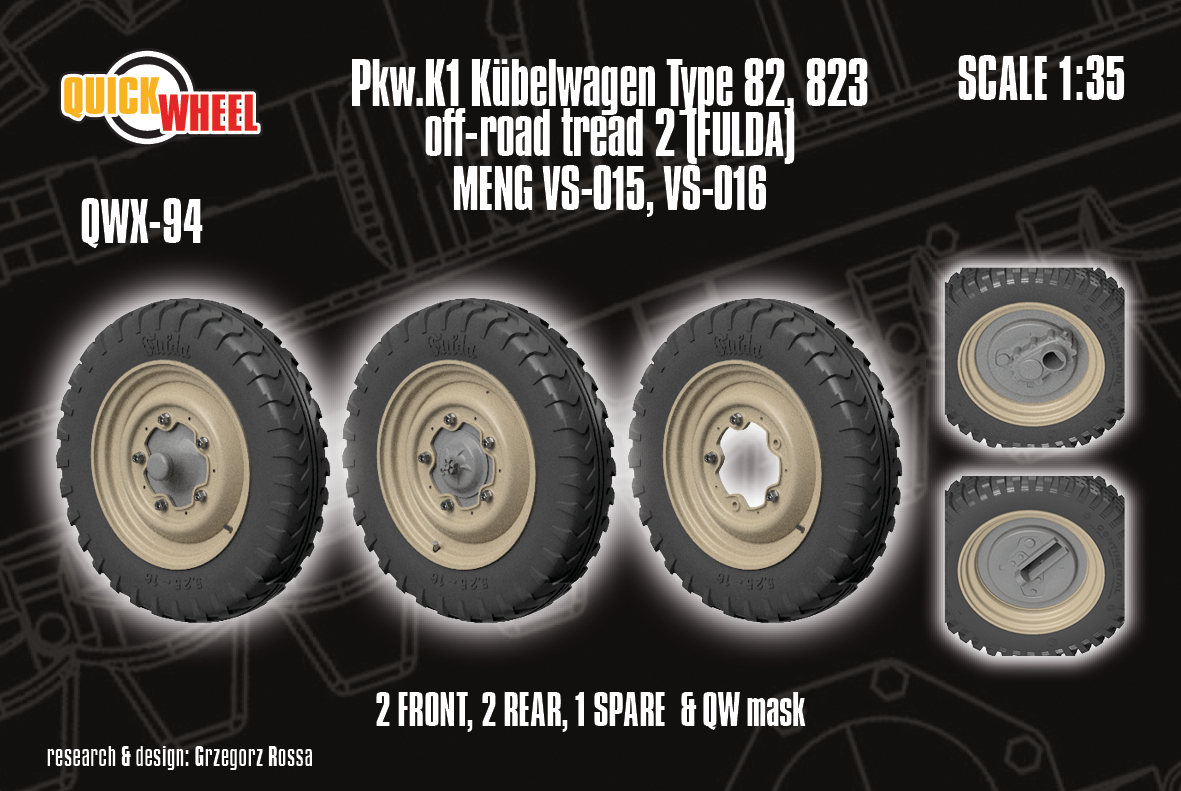 1/35 QuickWheel QWX-094 Pkw.K1 Kübelwagen Type 82, 823 Wheels off-road tread 2 (FULDA) for MENG
