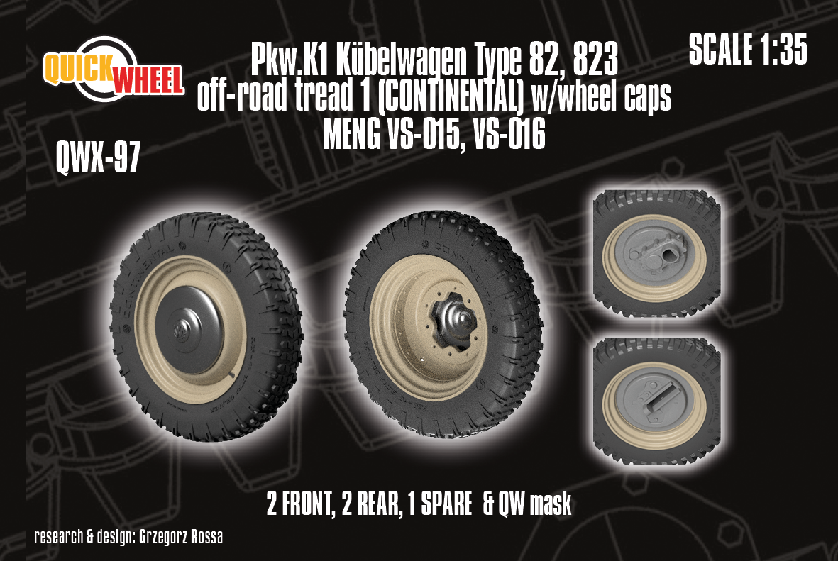 1/35 QuickWheel QWX-097 Pkw.K1 Kübelwagen Type 82, 823 Wheels w/ wheel caps - off-road tread 1 (for MENG)