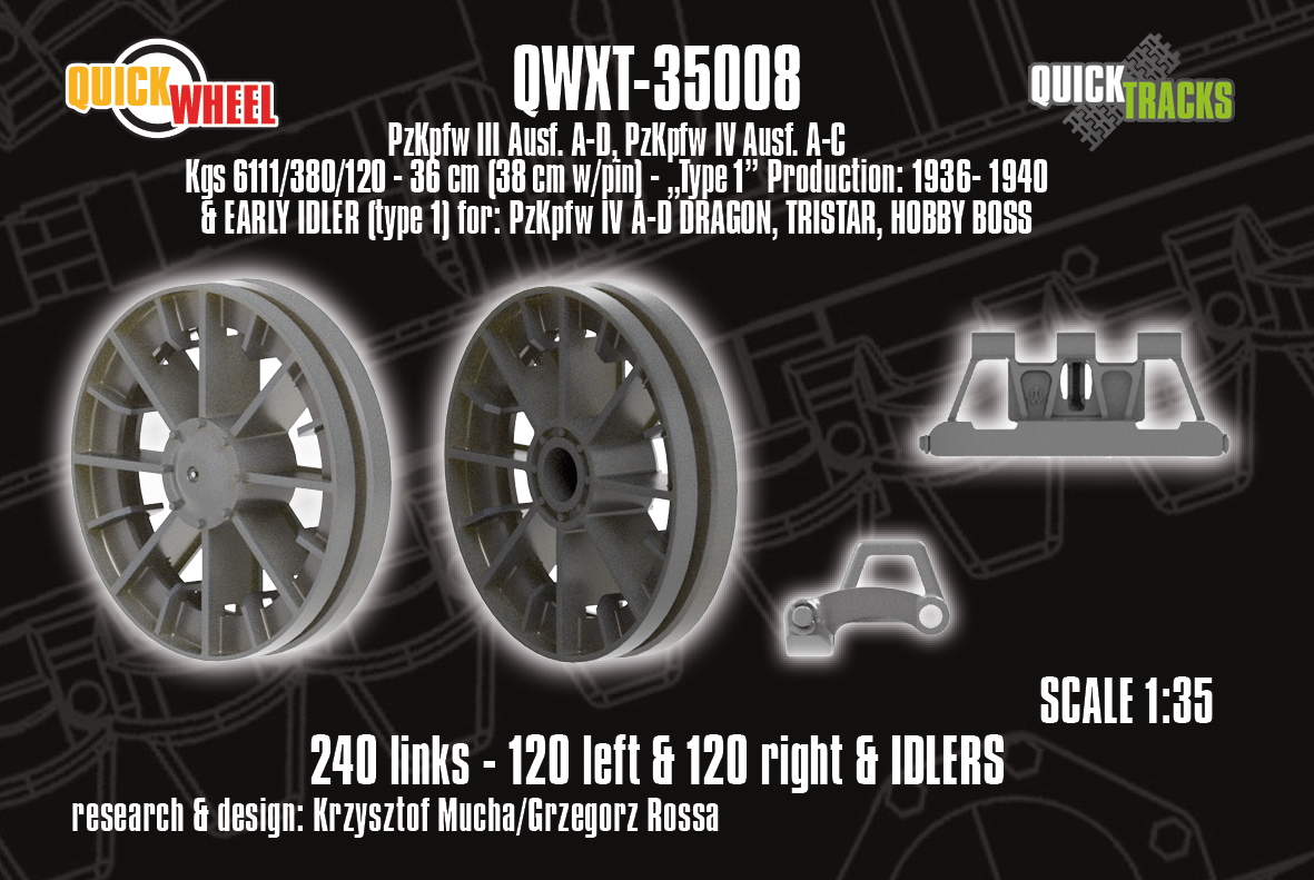 1/35 QuickWheel QWXT-35008 Pz.Kpfw. III Ausf. A-D; Pz.Kpfw. IV Ausf A-C Tracks & Early Idlers (type 1) for Dragon, Tristar, Hobby Boss