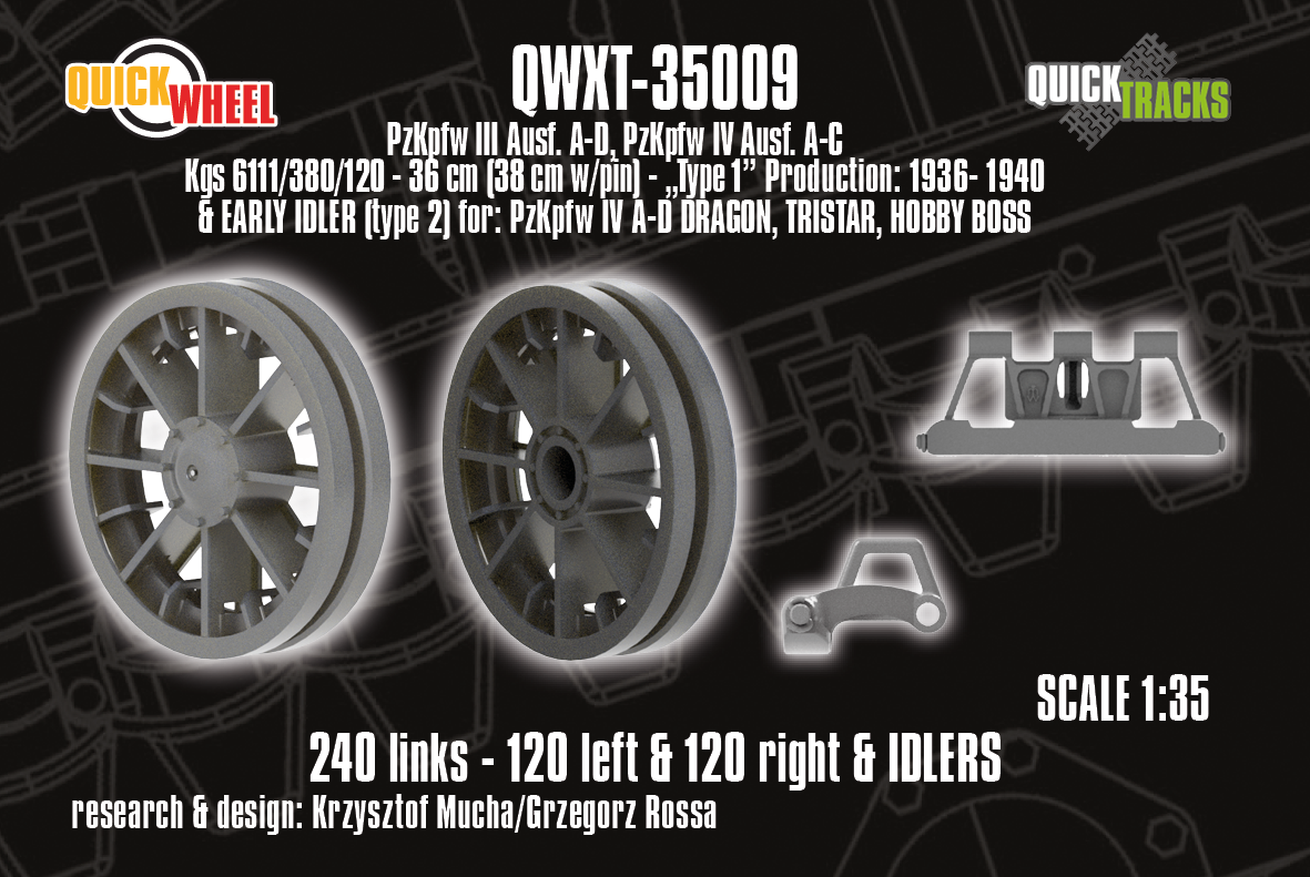 1/35 QuickWheel QWXT-35009 Pz.Kpfw. III Ausf. A-D; Pz.Kpfw. IV Ausf A-C Tracks & Early Idlers (type 2) for Dragon, Tristar, Hobby Boss