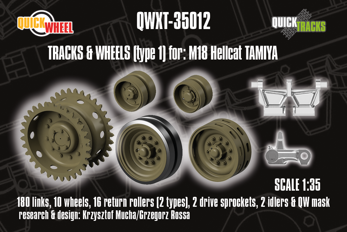 1/35 QuickWheel QWXT-35012 M18 Hellcat Wheels (Type 1) & Tracks + Drive Sprockets, Idlers – for Tamiya