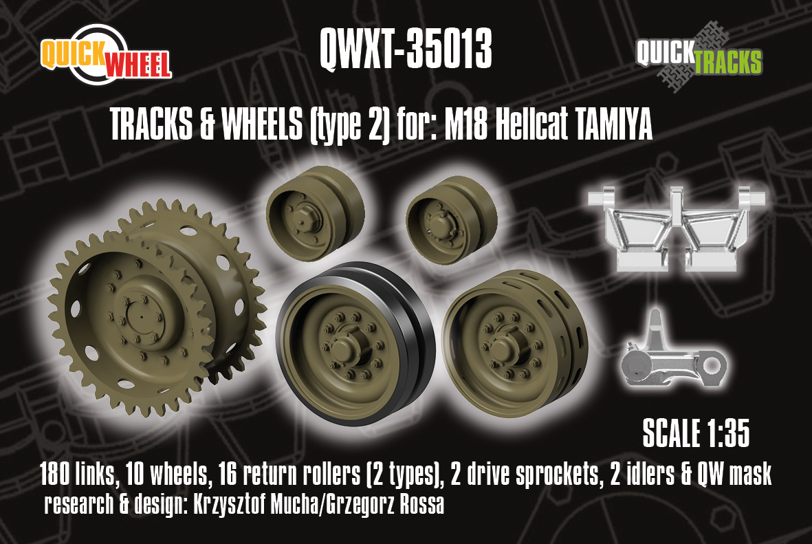1/35 QuickWheel QWXT-35013 M18 Hellcat Wheels (Type 2) & Tracks + Drive Sprockets, Idlers – for Tamiya