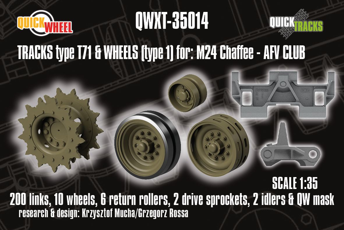 1/35 QuickWheel QWXT-35014 M24 Chaffee Wheels (Type 1) & Tracks (T71) + Drive Sprockets, Idlers – for AFV Club