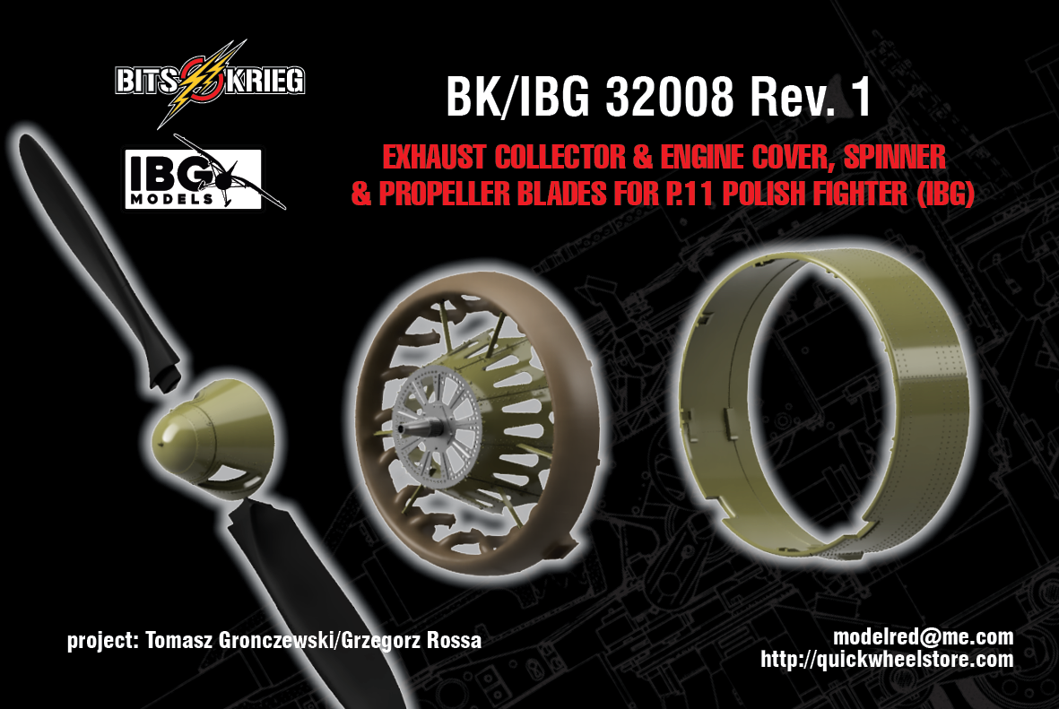 1/32 BitsKrieg BK/IBG 32008 Exhaust Collector & Engine cover; Spinner & Propeller blades for P.11 Polish Fighter