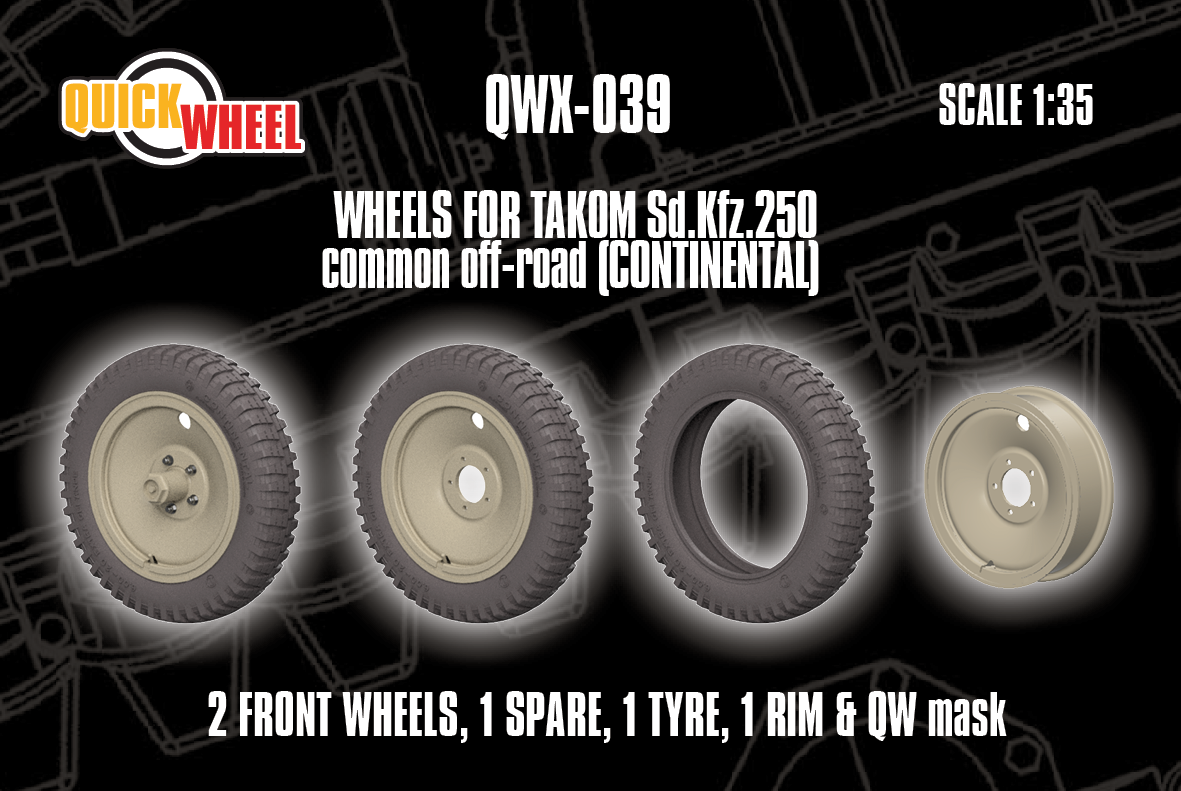 1/35 QuickWheel QWX-039 Sd.Kfz. 250 front wheels set - common off-road tread for TAKOM