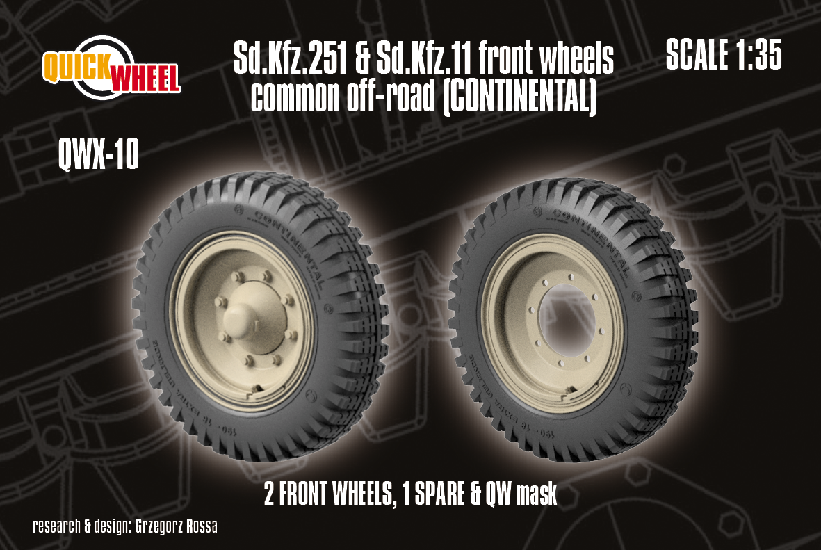 1/35 QuickWheel QWX-010 Front Wheels & Spare for Sd.Kfz. 11 & Sd.Kfz. 251 off-road road tread (Continental)