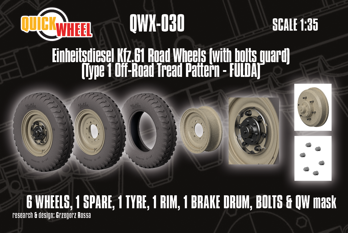 1/35 QuickWheel QWX-030 Einheitsdiesel kfz.61 wheels (w/ bolt guards) - off-road tread type 1 (Fulda)