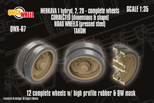 1/35 QuickWheel QWX-067 Merkava 1 Hybrid; Merkava 2 / 2D wheels (pressed steel type; high profile rubber) – TAKOM
