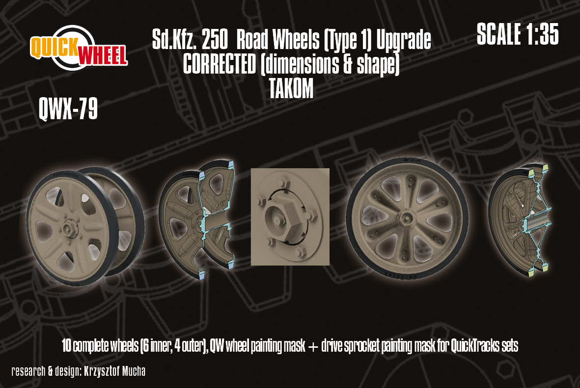 1/35 QuickWheel QWX-079 Sd.Kfz. 250 road wheels (type 1) upgrade – for TAKOM