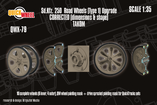 1/35 QuickWheel QWX-079 Sd.Kfz. 250 road wheels (type 1) upgrade – for TAKOM
