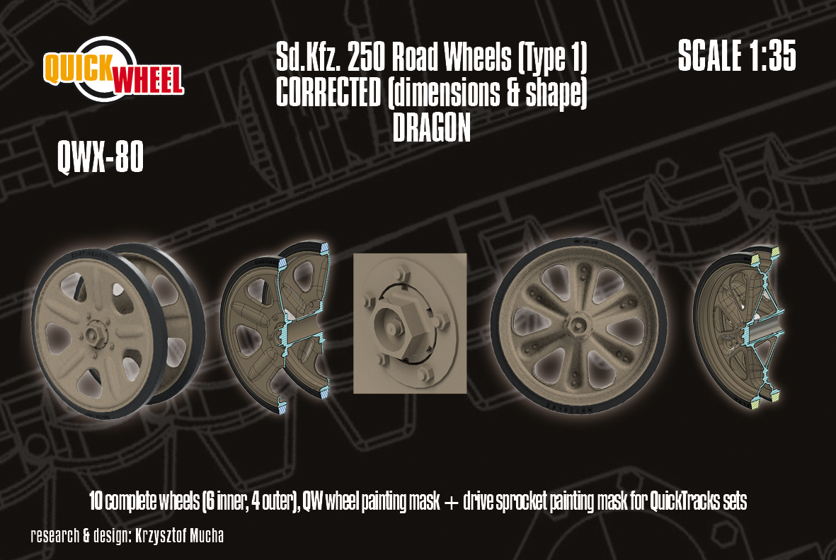 1/35 QuickWheel QWX-080 Sd.Kfz. 250 road wheels (type 1) upgrade – for DRAGON