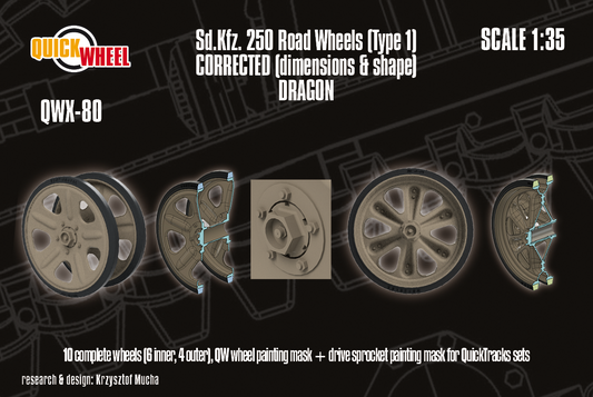 1/35 QuickWheel QWX-080 Sd.Kfz. 250 road wheels (type 1) upgrade – for DRAGON