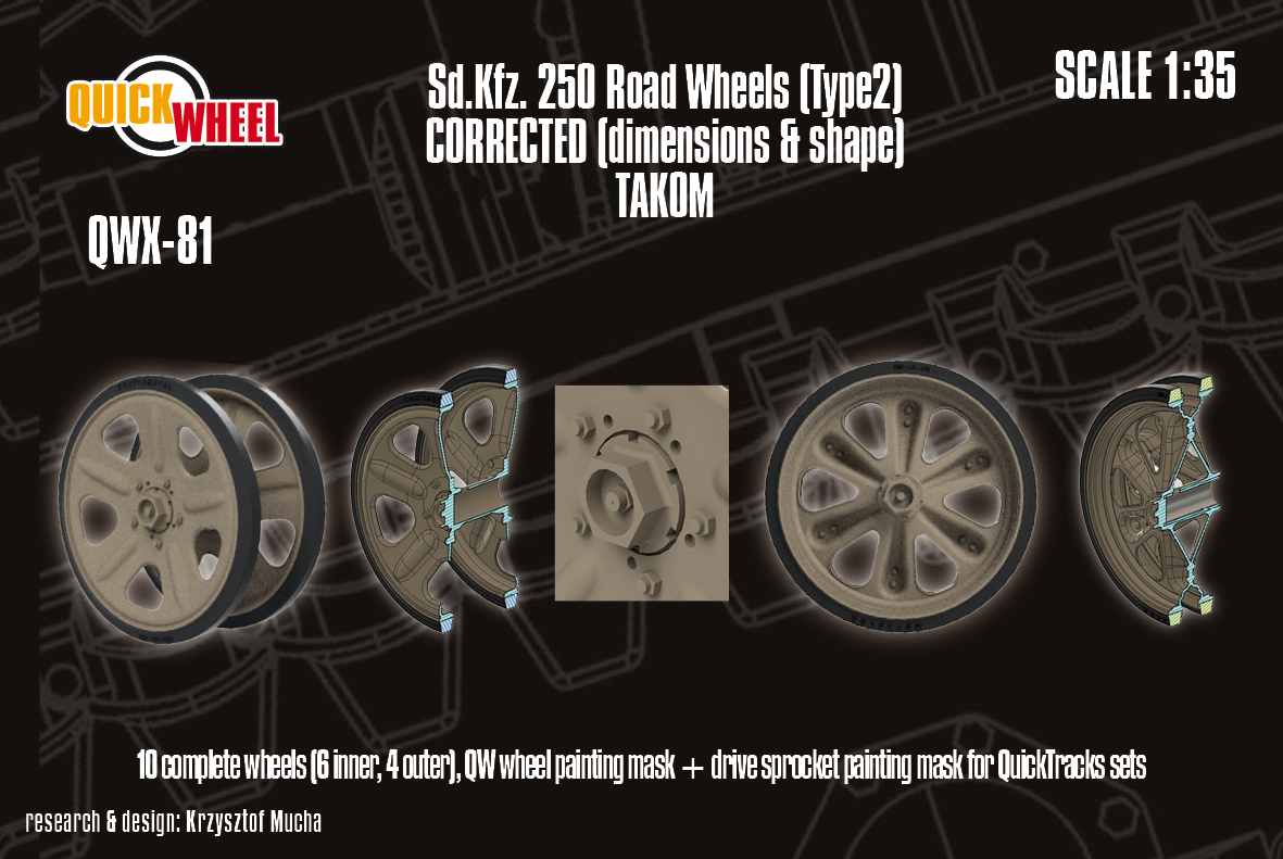 1/35 QuickWheel QWX-081 Sd.Kfz. 250 road wheels (type 2) upgrade – for TAKOM