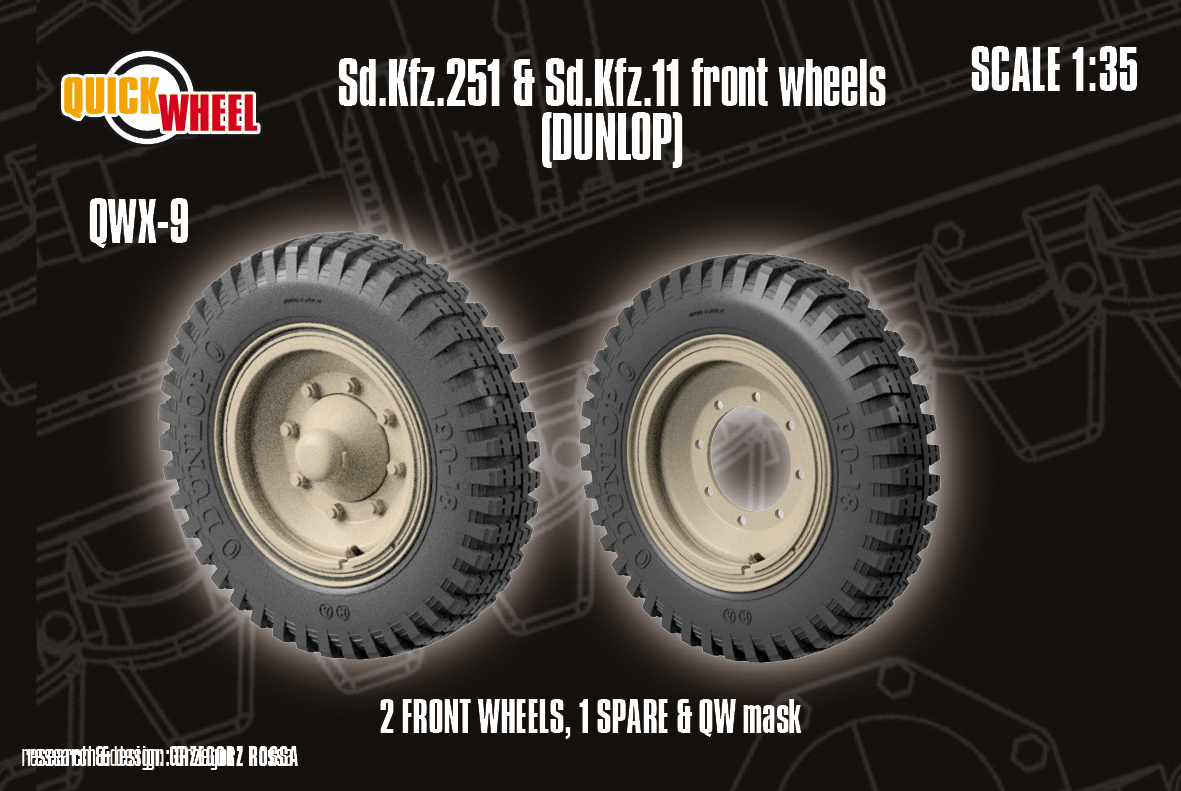 1/35 QuickWheel QWX-009 Front Wheels & Spare for Sd.Kfz. 11 & Sd.Kfz. 251 off-road road tread (Dunlop)