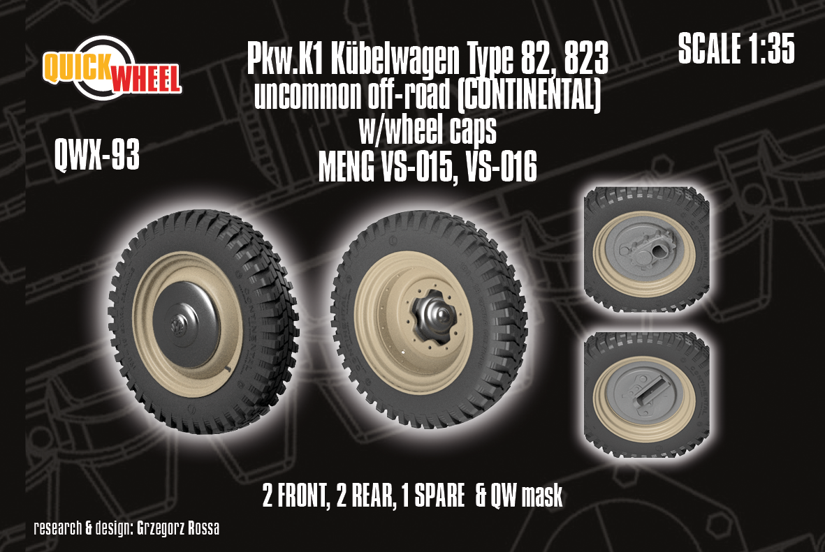 1/35 QuickWheel QWX-093 Pkw.K1 Kübelwagen Type 82, 823 Wheels w/ caps - uncommon off-road tread (for MENG)