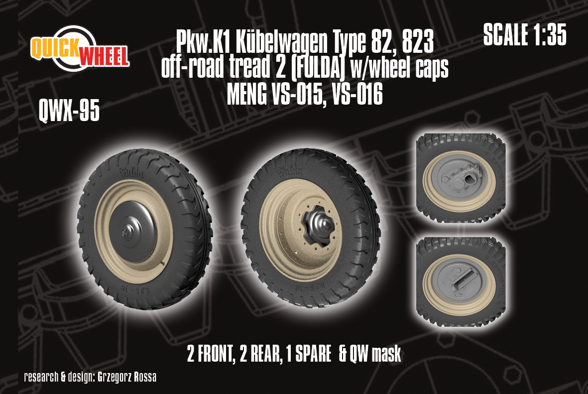 1/35 QuickWheel QWX-095 Pkw.K1 Kübelwagen Type 82, 823 Wheels w/ wheel caps - off-road tread 2 (for MENG)