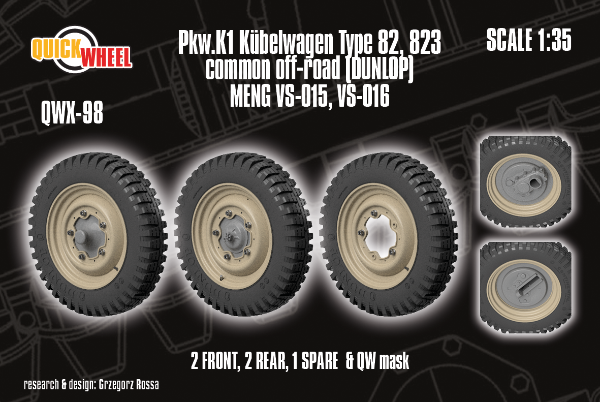 1/35 QuickWheel QWX-098 Pkw.K1 Kübelwagen Type 82, 823 Wheels - common off-road tread (for MENG)