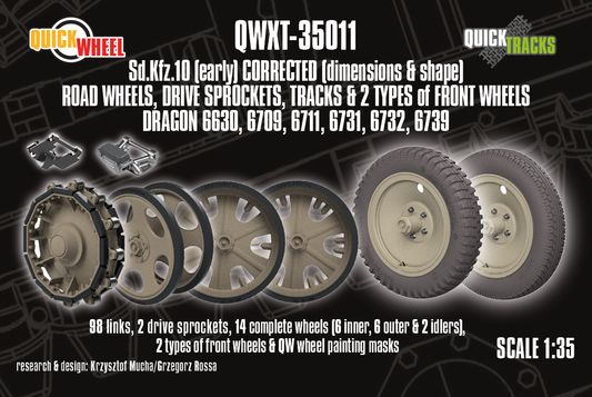 1/35 QuickWheel QWXT-35011 Sd.Kfz.10 (early) Corrected Road Wheels; Drive Sprockets; Tracks; Front wheels (2 types) – for DRAGON