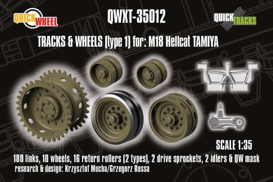 1/35 QuickWheel QWXT-35012 M18 Hellcat Wheels (Type 1) & Tracks + Drive Sprockets, Idlers – for Tamiya