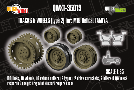 1/35 QuickWheel QWXT-35013 M18 Hellcat Wheels (Type 2) & Tracks + Drive Sprockets, Idlers – for Tamiya