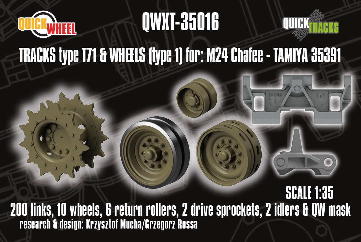 1/35 QuickWheel QWXT-35016 M24 Chaffee Wheels (Type 1) & Tracks (T71) + Drive Sprockets, Idlers – for TAMIYA