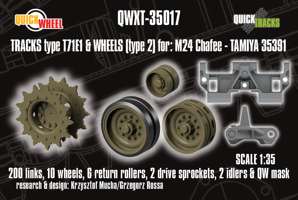 1/35 QuickWheel QWXT-35017 M24 Chaffee Wheels (Type 2) & Tracks (T71E1) + Drive Sprockets, Idlers – for TAMIYA