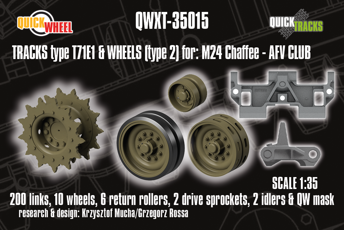 1/35 QuickWheel QWXT-35015 M24 Chaffee Wheels (Type 2) & Tracks (T71E1) + Drive Sprockets, Idlers – for AFV Club